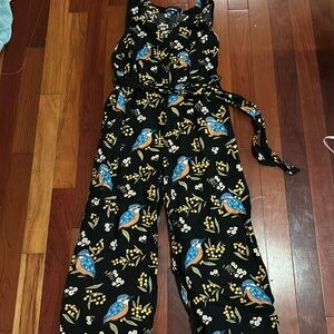 ModCloth Princess Highway Black Blue Bird Wide Leg Jumpsuit AU 16 / US 12-14